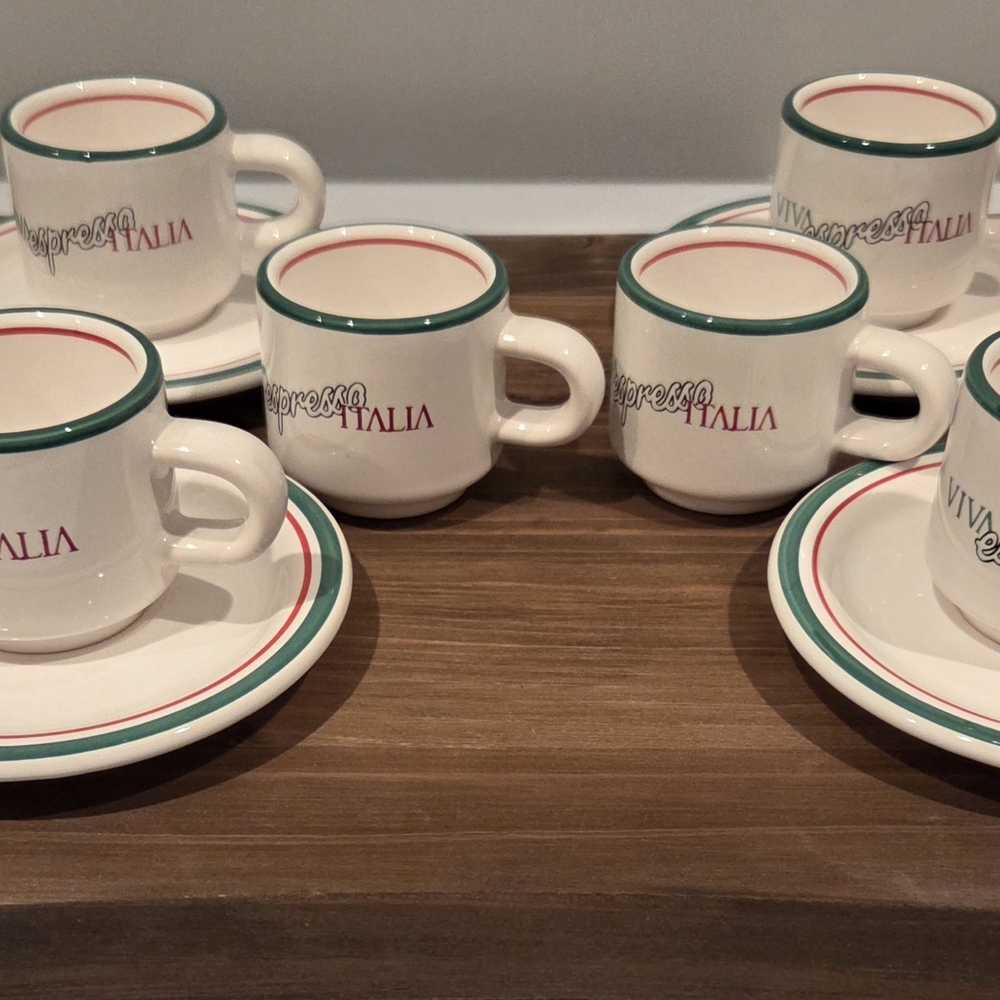 Espresso Italy Ceramic Cup & Saucer Set - Cream with Green & Red Trim